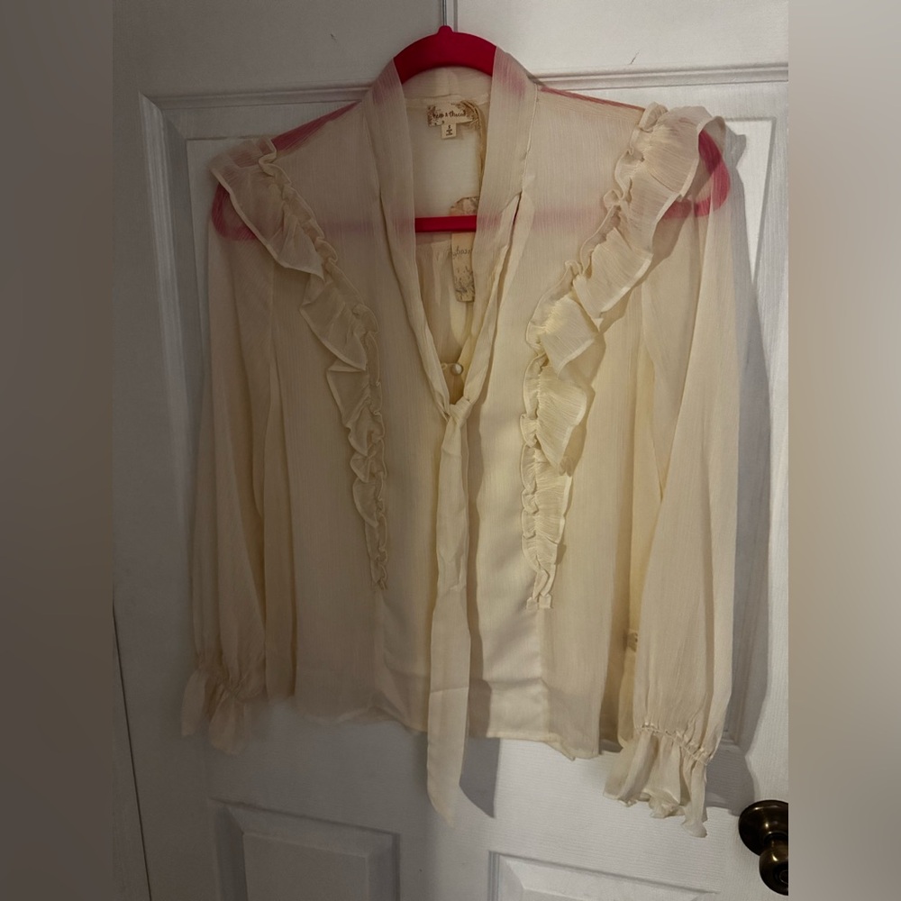 Hem & Thread Ivory Ruffle Tie-Neck Blouse - Picture 2 of 3